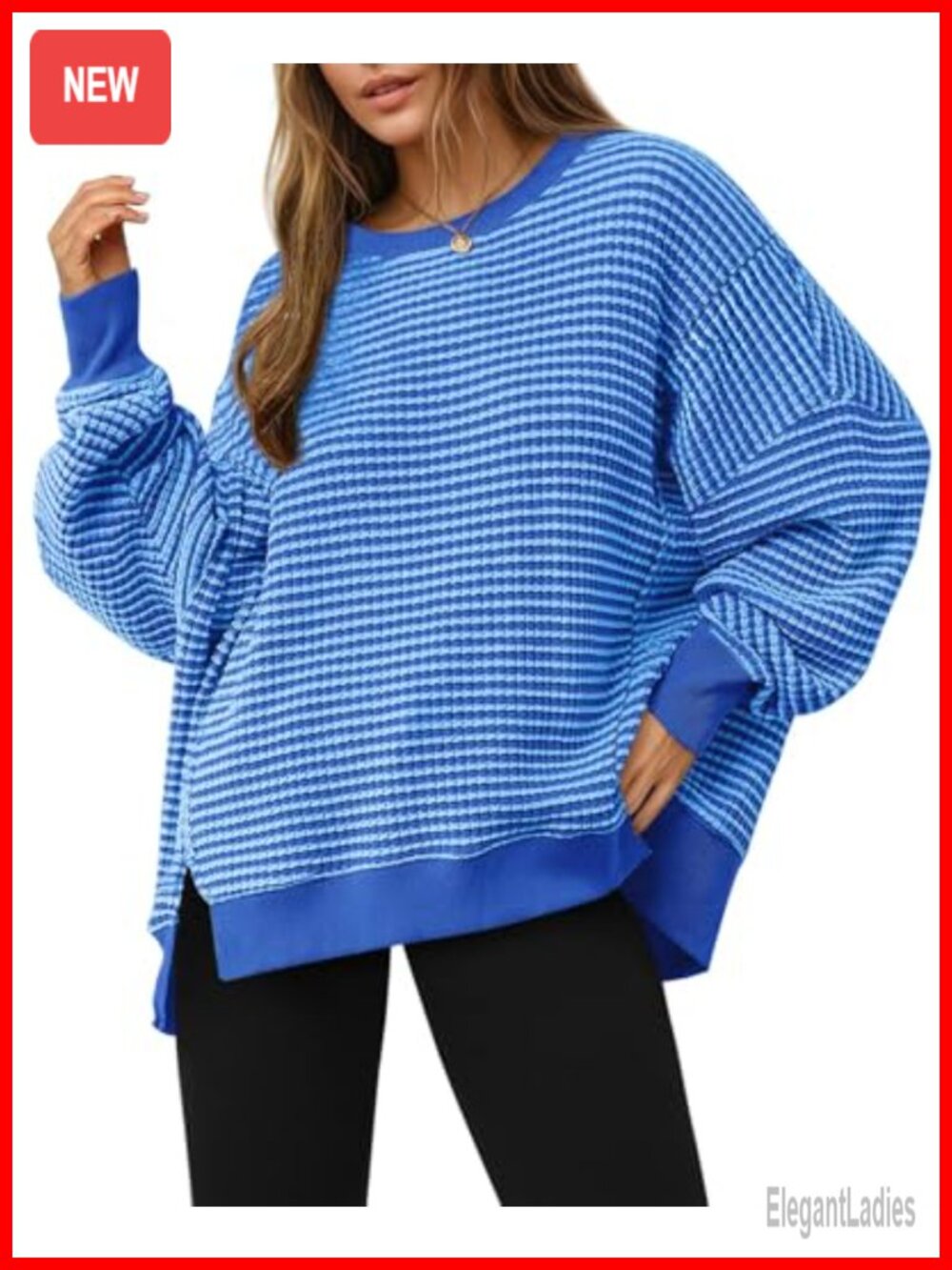 Oversized Waffle Knit Sweatshirt Crewneck Split Tunic Pullover